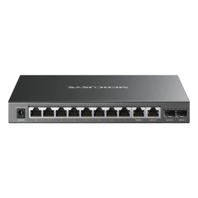 12-Port Gigabit Desktop Switch with 8-Port PoE+ PORT: 8× Gigabit PoE+ Ports, 2× Gigabit Non-PoE Ports, 2× Gigabit SFP Slots SPEC: Compatible with 802.3af/at PDs, 110 W PoE Power, Desktop Steel Case, Wall Mounting FEATURE: Extend Mode for 250m PoE Transmitting, Priority Port 1-2, Isolation Mode, PoE