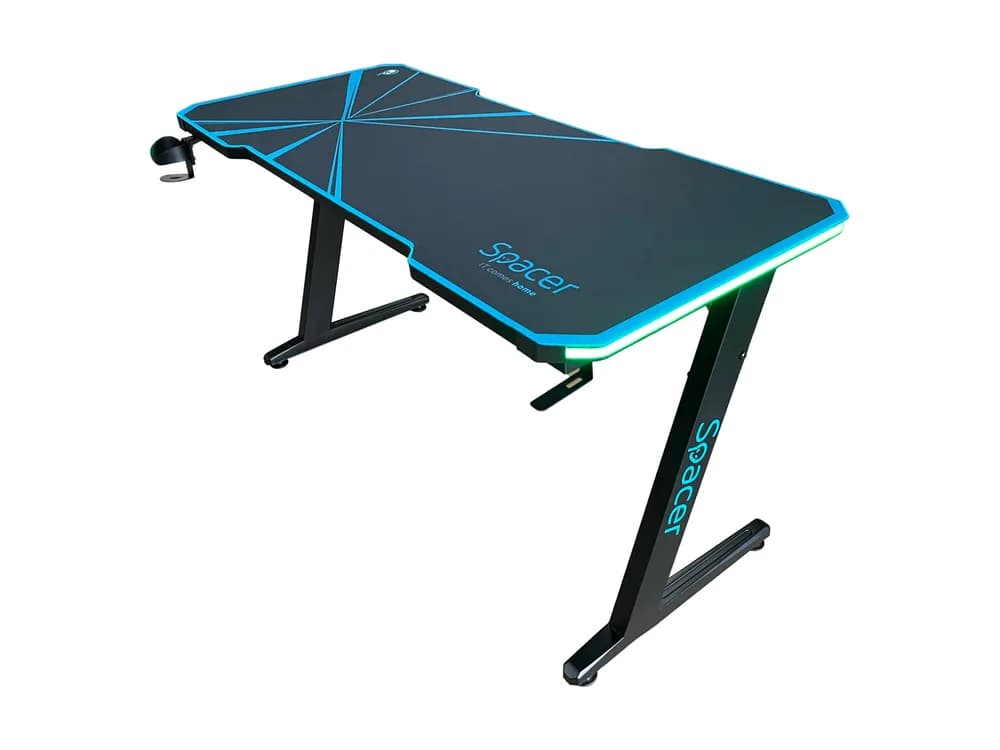 BIROU GAMING Spacer, dimensiuni 1400 x 600 x 18 mm, blat MDF invelit in fibra de carbon cu mousepad pe toata suprafata, suport casti si cana metalice, picioare reglabile manual, RGB, telecomanda wireless "SPGD-RGB-140-02" — miniatură