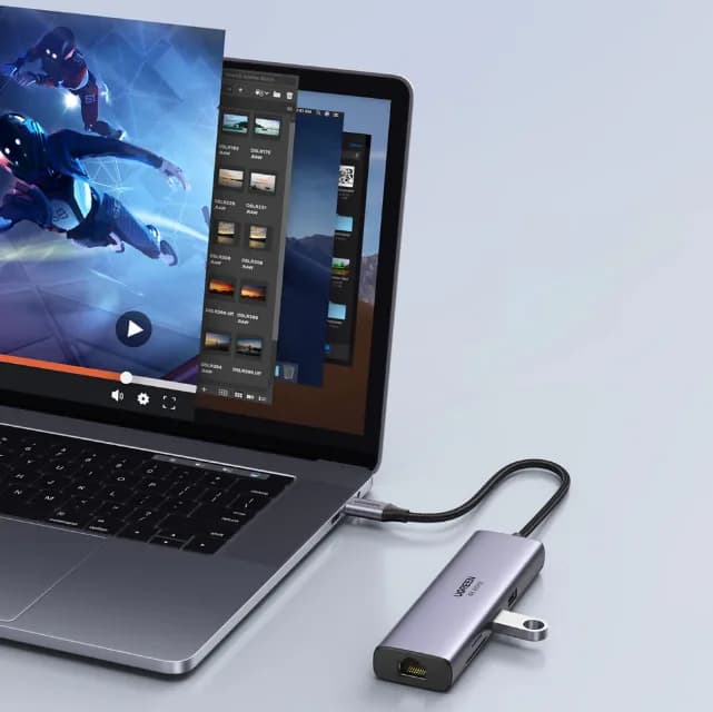 DOCKING Station Ugreen, "CM512" conec PC USB Type-C, USB 3.0 x 2|cititor SD/micro SD x 1| RJ-45 x 1|HDMI 4Kx1 la 60Hz|USB-C x 1 PD 100W, aluminiu, gri "60515" - 6957303865154 — miniatură