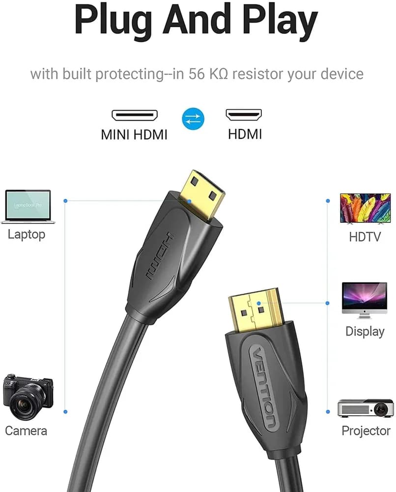 Cablu video Vention, HDMI(T) -miniHDMI(M), 2m, rezolutie maxima 4K la 30Hz, conectori auriti, cupru, dublu sens,invelis PVC, negru, "VAA-D02-B200" - 6922794721012 — miniatură