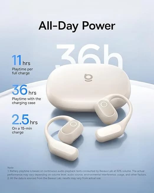 CASTI Baseus Bowie Eli 2i Fit Open-Ear True Wireless, on ear, pt smartphone, microfon pe casca, conectare prin Bluetooth 6.0, alb "A0102603" - 6932172696924 — miniatură