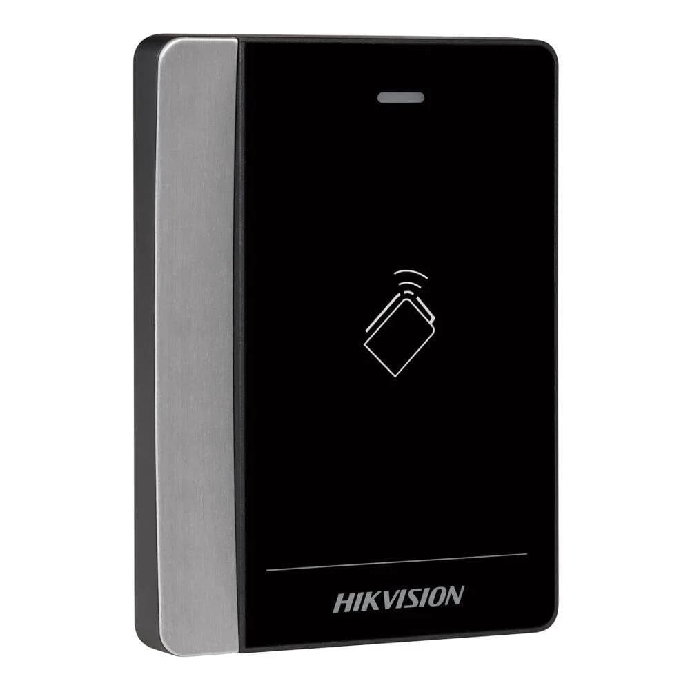 Cititor de carduri Hikvision DS-K1102AE, Pro series, suporta caduri EM frecventa:125KHz, conectivitate: RS-485 si protocol Wiegand (W26/ W34), distanta de citire: ≤ 50 mm, LED stare, beeper, Watchdog, alimentare: 12 VDC, dimensiuni: 121 mm × 86.5 mm × 14 mm, IP64, greutate: 0.14 kg