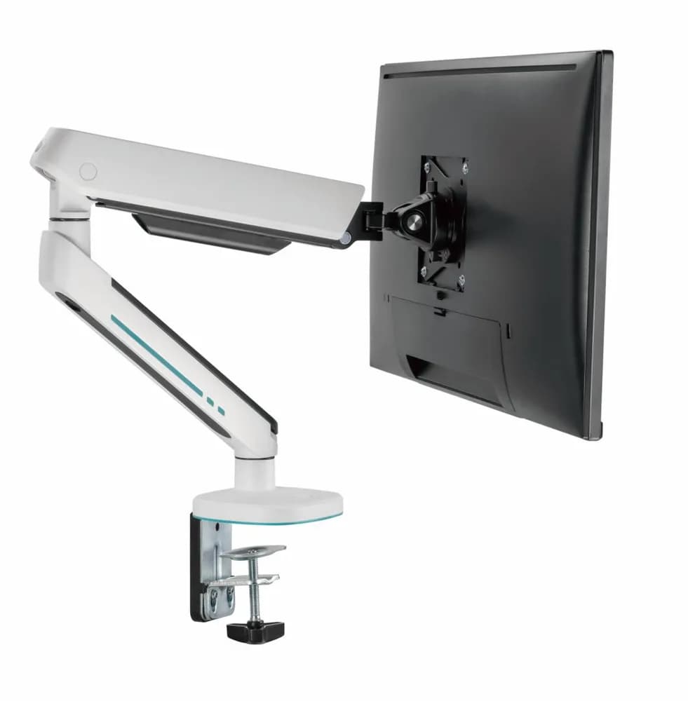 Suport monitor Serioux SRXA-MM54-C012WH, Material: Oțel, Aluminiu, Plastic, Suprafață finisaj : acoperire cu Pulbere, tehnologie arc, Culoare: Alb Texturat Fin, Gri Spațial Dimensiune compatibila ecran: 27"-45", Greutate maxima (pe ecran): 5~14 kg, Greutate maxima: 5~12 kg
