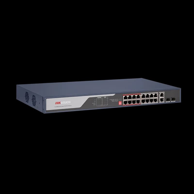 16 Port Fast Ethernet Unmanaged POE Switch Hikvision DS-3E0318P-E(C) Intelligent PoE management. Up to 300 m long range PoE transmission. Port isolation to improve network security. 6 KV surge protection to improve reliability in harsh environment. PoE watchdog to auto-detect and restart cameras — miniatură