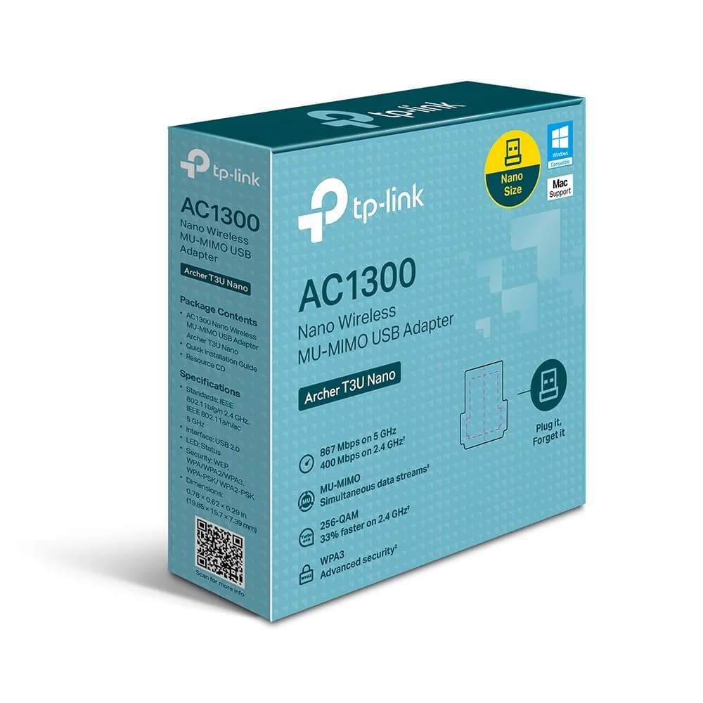 ADAPTOR RETEA TP-LINK AC1300, extern wireless 2.4 GHz | 5 GHz, USB 2.0, port, 1300 Mbps, antena interna x 1, "Archer T3U Nano" — miniatură