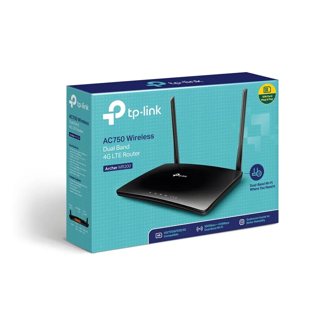 ROUTER TP-LINK wireless. 4G LTE (desktop), 750Mbps, 3 porturi 10/100Mbps + 1 WAN/LAN, AC750, Dual Band slot SIM 4G LTE "Archer MR200" — miniatură