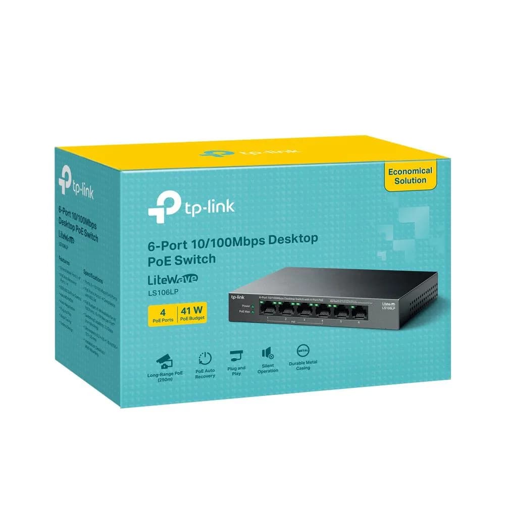 "6-Port 10/100 Mbps Desktop Switch with 4-Port PoE PORT: 4× 10/100 Mbps PoE Ports, 2× 10/100 Mbps Non-PoE Ports SPEC: 802.3af, 41 W PoE Power, Desktop Steel Case FEATURE: Extend Mode for 250m PoE Transmitting, PoE Auto Recovery, Plug and Play" — miniatură