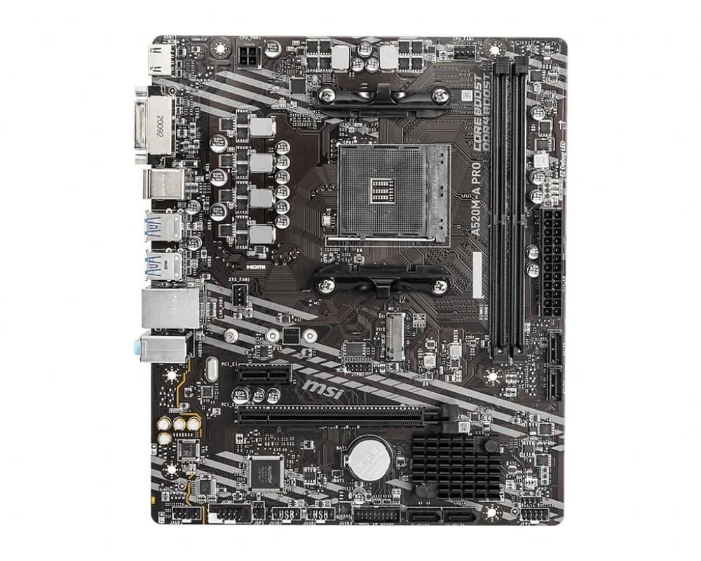 PLACA de BAZA MSI A520M, skt AM4, AMD A520, mATX, slot RAM 2 x DDR4, max 64 GB, 4x S-ATA 3, 1x M.2, 1x PCI-E, PCI-E3.0 x 16 x 1, PCI-E3.0 x 1 x 1, LAN 10/100/1000 Mbps, HDMI, DVI-D, 7.1, "A520M-A_PRO"