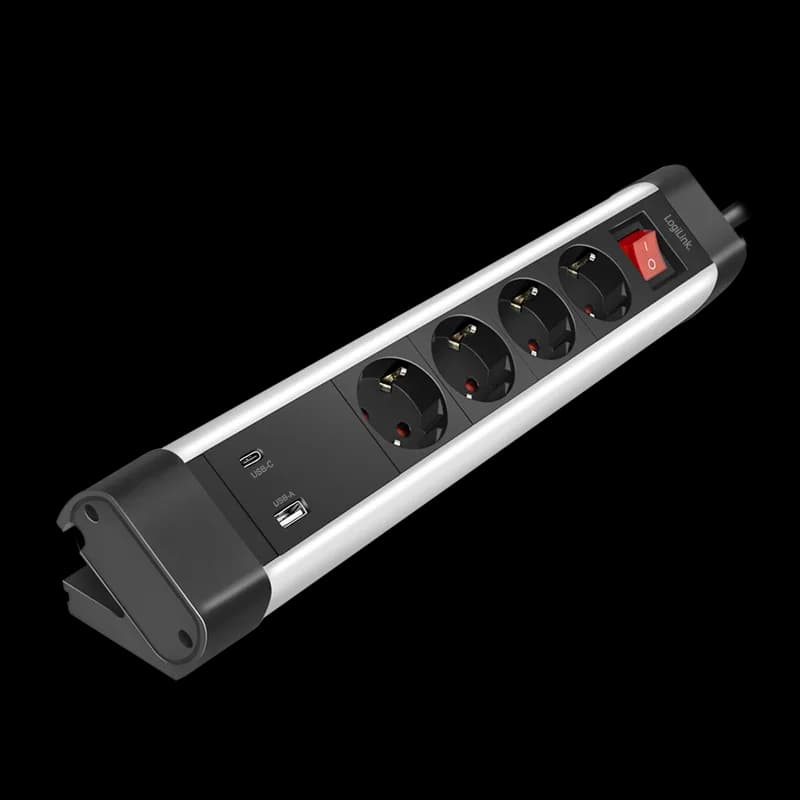 PRELUNGITOR LOGILINK, Schuko x 4, conectare prin Schuko (T), ON/OFF, 16 A, 1xUSB-A, 1xUSB-C, cablu 1.5m, protectie IP20, negru-argintiu, "LPS278U"