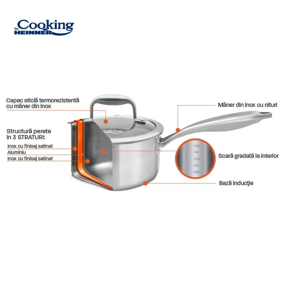CASEROLA INOX+CAPAC STICLA 16x8.5CM,1.6L, ATOMIC3, COOKING BY HEINNER — miniatură