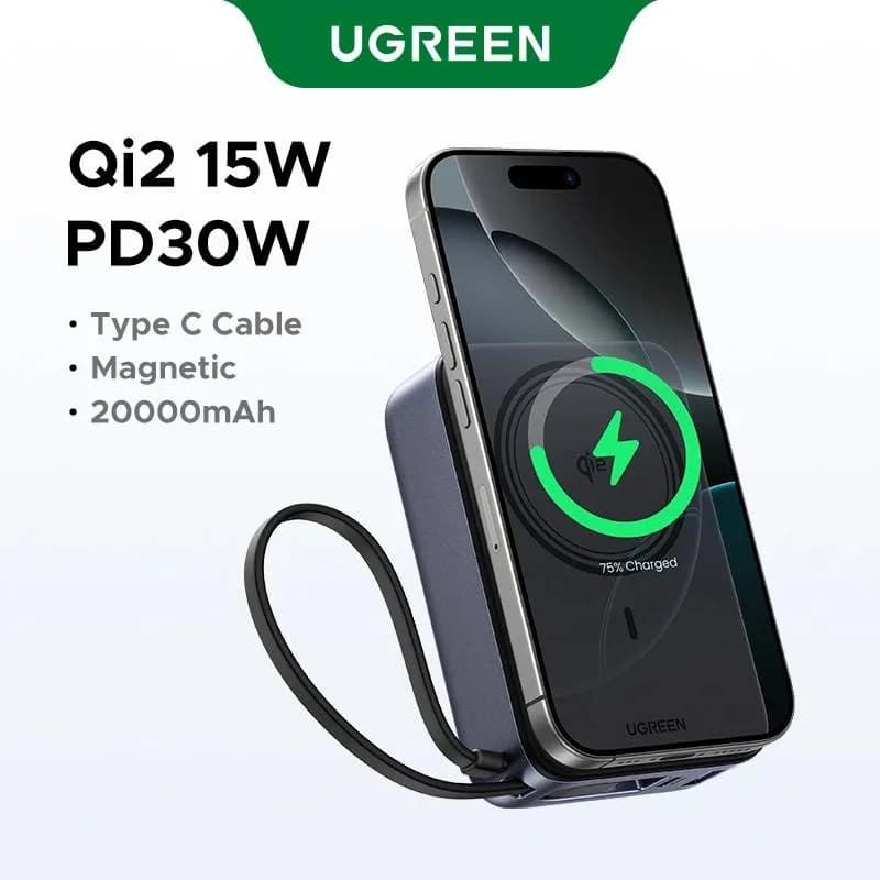 POWER BANK Ugreen "PB567", 20000mAh, 30W PD3.0, 1 x USB, 1 x USB Type-C, incarcare magnetica 15W, 1 x USB Type-C cablu integrat, gri, "55450B" — miniatură