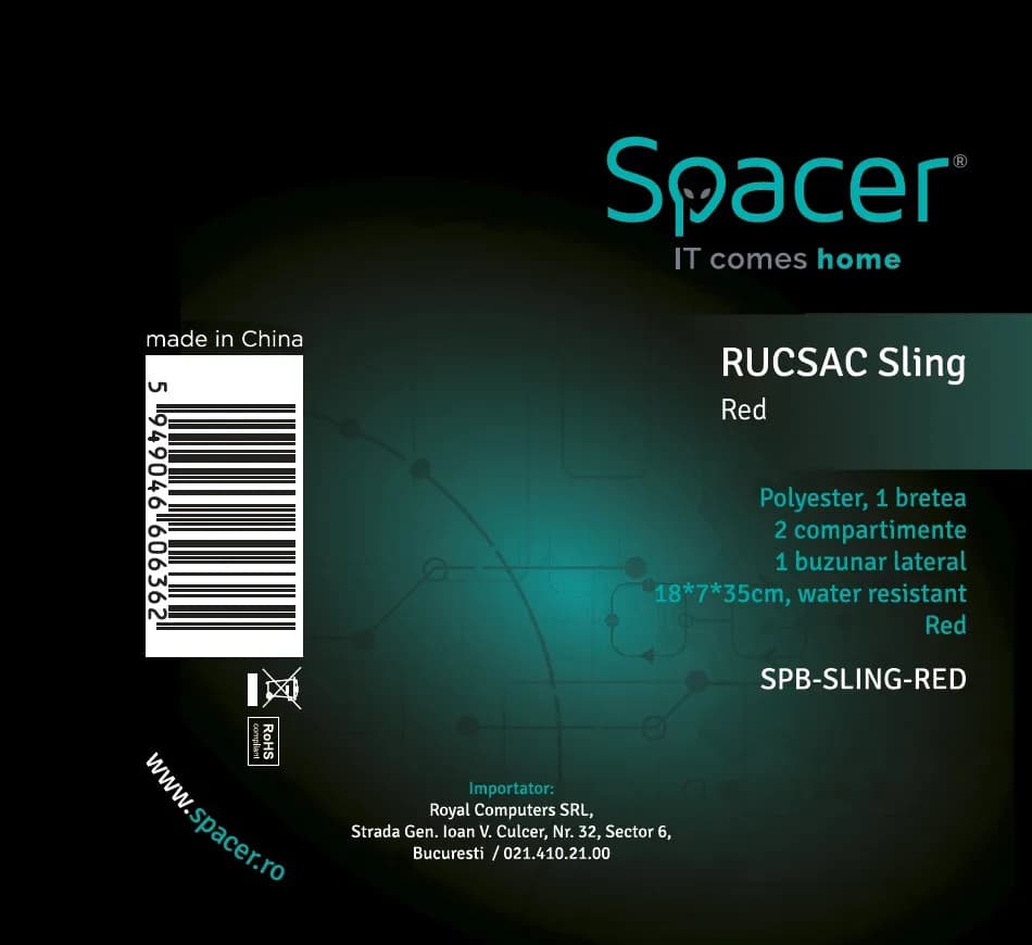 RUCSAC SPACER Sling, nylon,1 bretea, 2 compartimente principale,1 buzunar frontal, 1 buzunar lateral, 35x18x7cm, water resistant, red, "SPB-SLING-RED" — miniatură