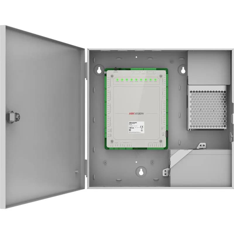 Centrala control acces Hikvision DS-K2621X, pentru 1 usa bidirectionale (2 citittoare); Capacitate de stocare: 100,000 cartele si 300,000 evenimente; Comunicare: TCP/IP si RS-485; Compatibilitate cititoare: 2x Wiegand sau 2x RS485; Intrari: 2 alarm input, Door Sensor x 1, Door Switch x 1, Fire Alarm