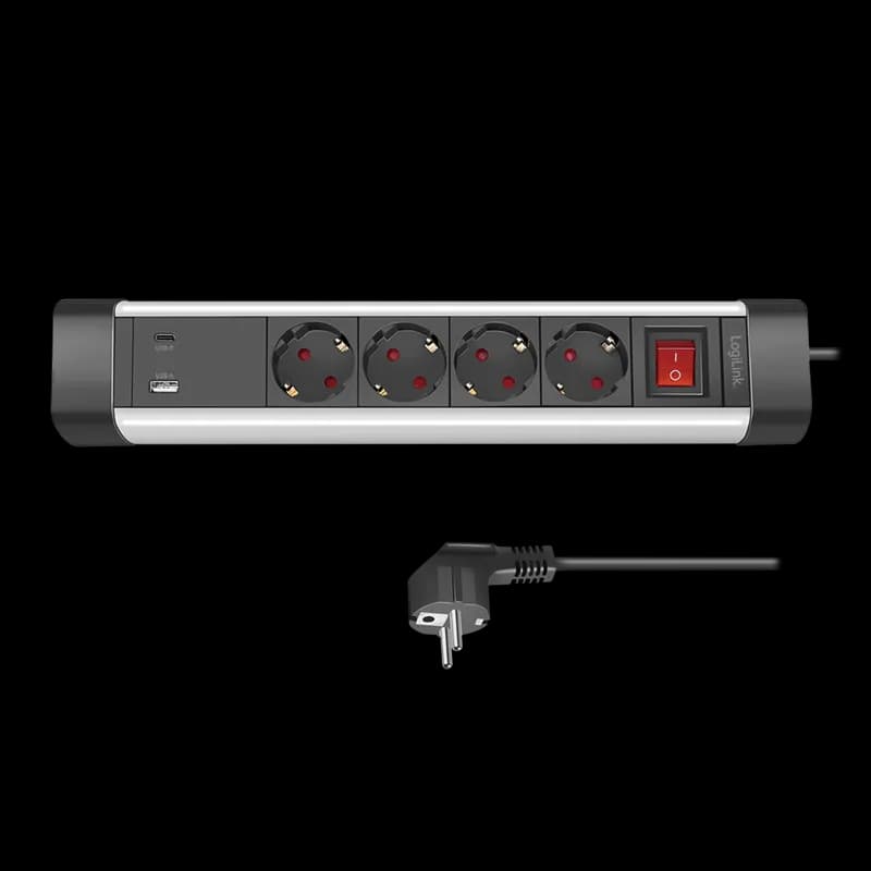 PRELUNGITOR LOGILINK, Schuko x 4, conectare prin Schuko (T), ON/OFF, 16 A, 1xUSB-A, 1xUSB-C, cablu 1.5m, protectie IP20, negru-argintiu, "LPS278U" — miniatură