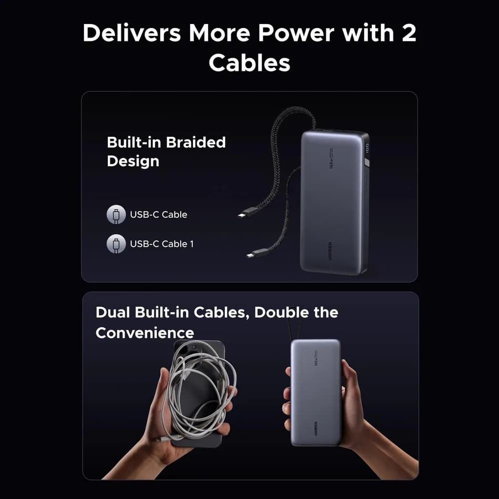 POWER BANK Ugreen "PB552", 25000mAh, 165W PD3.0, 1 x USB, 1 x USB Type-C, 1 x USB Type-C integrat, display, gri, "55995B" — miniatură