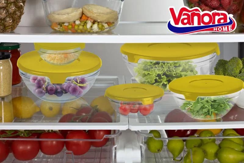 SET 5 BOLURI DE STICLA CU CAPAC,VANORA HOME(12 bucati in bax-cate 4 buc/culoare rosu, galben si albastru) — miniatură