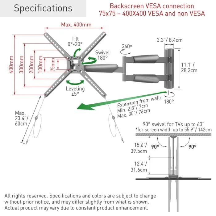 Suport TV perete pentru exterior Barkan 4move OD XLong, pentru display-uri cu diagonala 13"-65", suporta pana la 36kg, cu reglare in 4 axe, VESA 75x75 - 400x400, gri — miniatură