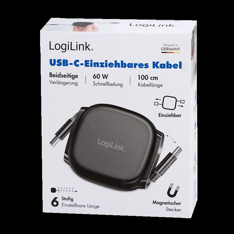 CABLU alimentare si date LOGILINK, pt. smartphone, USB 2.0, USB Type-C (T) la USB Type-C (T), 1m, PD 60W, 480Mbps, retractabil, ecranat, plastic, black, "CU0500" — miniatură