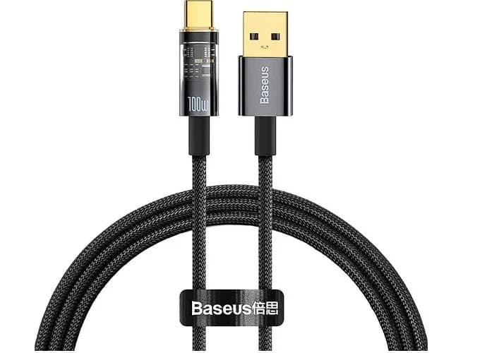 CABLU alimentare si date Baseus Explorer, Fast Charging Data Cable pt. smartphone, USB la USB Type-C 100W, 1m, Auto Power-Off, negru transparent "CATS000201" - 6932172605704