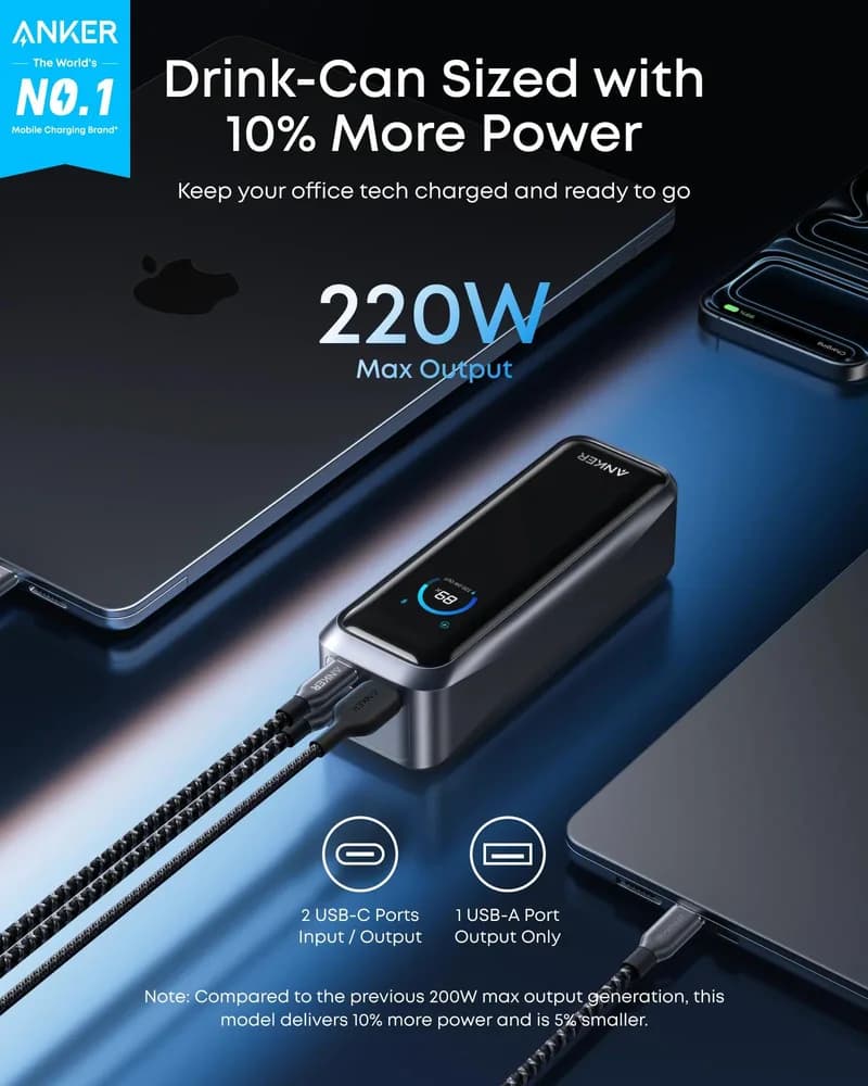 POWER BANK Anker 20.000 mAh, 220W, max 100W input, max 140W output per port USB-C Power IQ 4.0, 2 x USB-C, 1x USB-A(output), display inteligent, 510g, gri, "A110BH11" - 194644239350 — miniatură