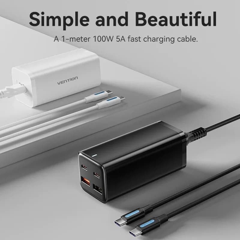 Alimentator retea Vention, 2 x USB-C (100W/100W), 2 x USB-A (18W/18W), GaN, PD, QC, Cablu alimentare 1.5m built-in, Cablu USB-C 1m inclus, negru, "FBSBG-EU" — miniatură