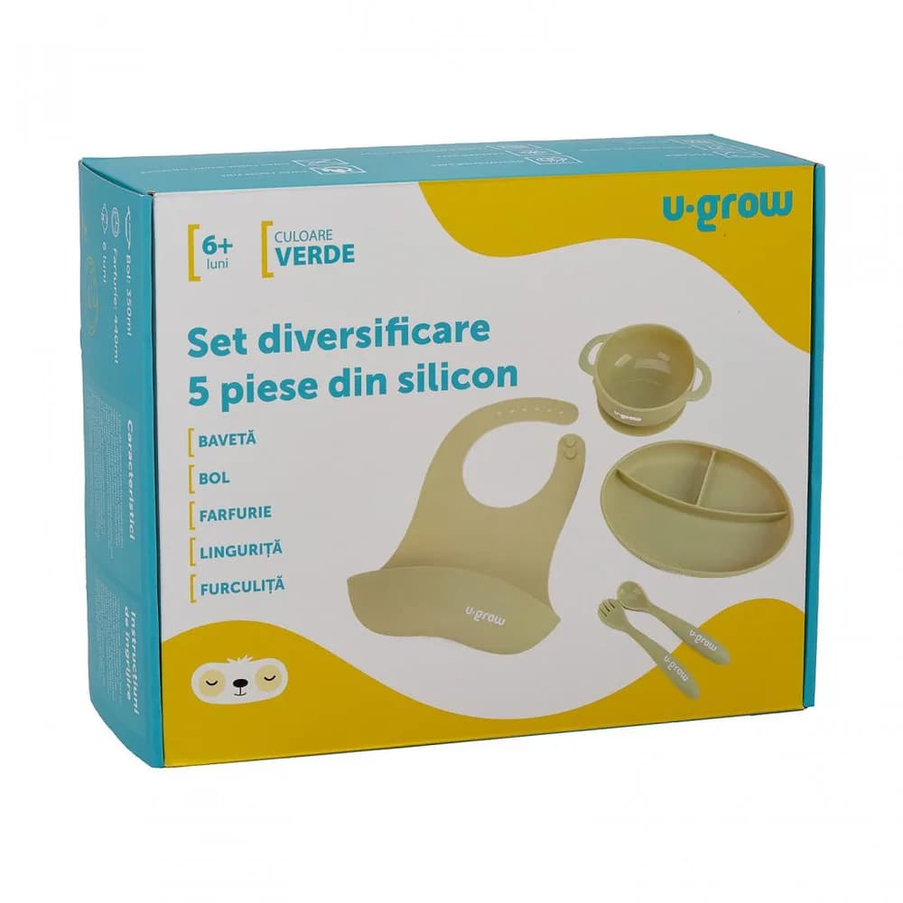 Set diversificare 5 piese silicon : baveta, bol, farfurie, lingurita si furculita, olive, U-Grow — miniatură