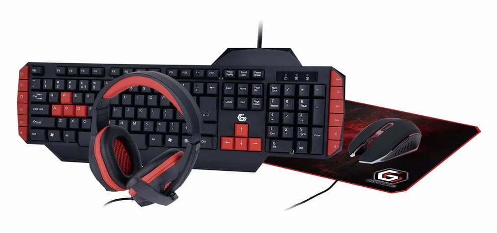 KIT 4-in-1 GEMBIRD, gaming, cu fir, tastatura 104 taste (+ 8 taste multimedia) + mouse 2400dpi 4 butoane + casti cu mic 2x3.5" + pad 300x250mm, USB, black "GGS-UMG4-02"