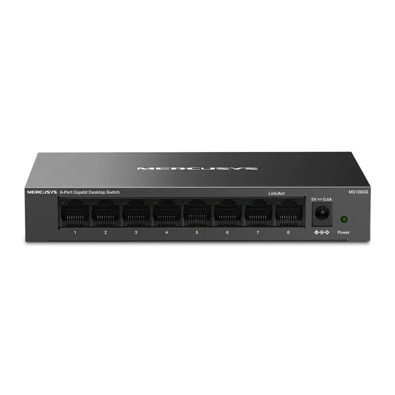 Mercusys MS108GS. Switch type: Unmanaged. Basic switching RJ-45 Ethernet ports type: Gigabit Ethernet (10/100/1000), Basic switching RJ-45 Ethernet ports quantity: 8. Full duplex. MAC address table: 8000 entries, Switching capacity: 16 Gbit/s. Networking standards: IEEE 802.3, IEEE 802.3ab, IEEE