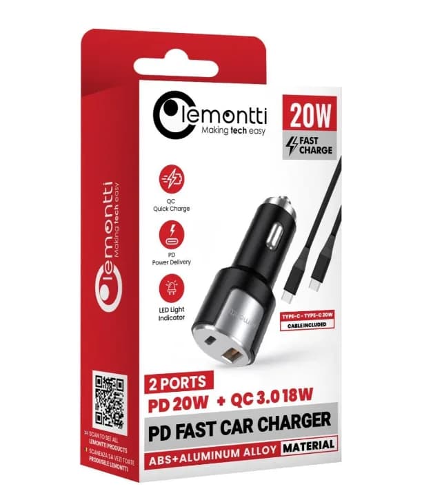 Incarcator Auto LEMONTTI LIAFCPD20WNA, 20W, 2 porturi, Negru — miniatură