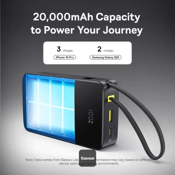 POWER BANK Baseus EnerFill FC51 Bipow2 Pro, 20000mAh, 22.5W, 1 x USB Type-C, 1 x USB, cablu integrat USB Type-C 22cm, negru, "E0027701" - 6932172691899 — miniatură