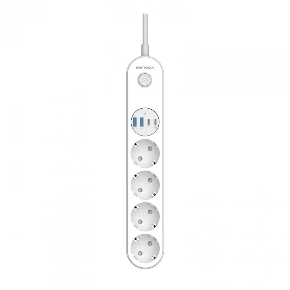 Prelungitor cu protectie Serioux SRXP-PS44W, 4 prize schuko, Tensiune intrare: 100-240V, 50-60Hz, Tensiune ieşire (total): 2500W-10A, 4 porturi USB (auto max), USB-C1-20W si USB-C2/A1/A2-12W, Amperaj port USB (max): 3.4A, Funcţie auto ID