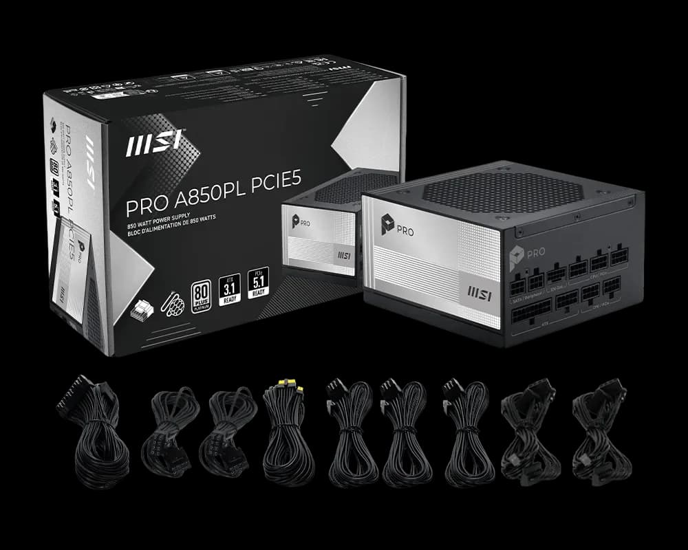 Sursa MSI PRO A850PL PCIE5, 850W, ATX, PCIe 5.1, 80 PLUS Platinum, Full Modulara, Negru "PRO A850PL PCIE5" — miniatură