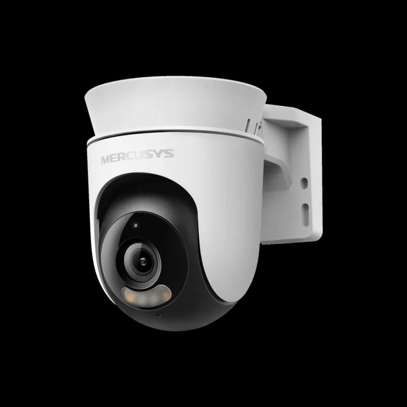 Outdoor Pan/Tilt Security Wi-Fi Camera SPEC: High-Definition Video (1080P), Pan and Tilt (360° Horizontal), Built-in microphone and speaker, 850nm IR LED and Color Night Vision, 2.4GHz Wi-Fi FEATURE: MERCUSYS APP, Pan/Tilt, Smart Detection and Notification (Motion & Person), Motion Tracking, Sound
