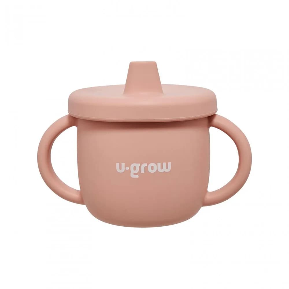 Set diversificare 3 piese silicon : bol, farfurie si cana cu cioc, roz, U-Grow — miniatură