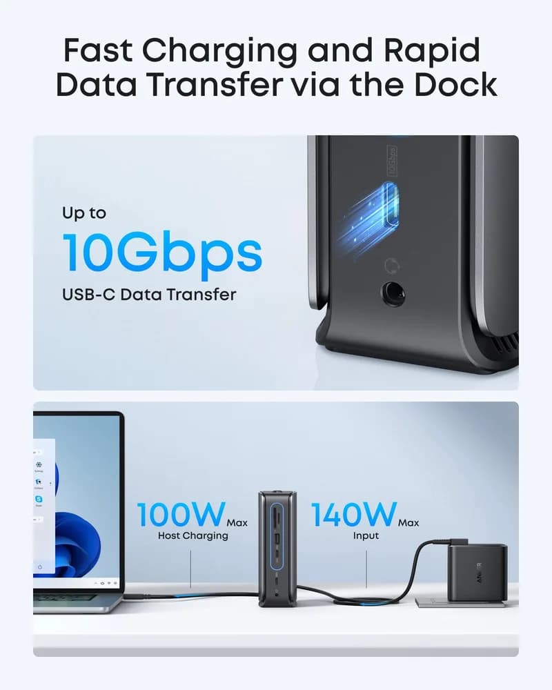 DOCKING Station Anker Nano 13-in-1, porturi: 3 x USB-C, 3 x USB-A, 2xHDMI, 1xDisplay port, RJ-45 1Gbps, SD,TF, mini HUB 6-in-1 detasabil, conectare prin USB-C, retea, gri, "A83C3311" ( - 0194644273842 — miniatură