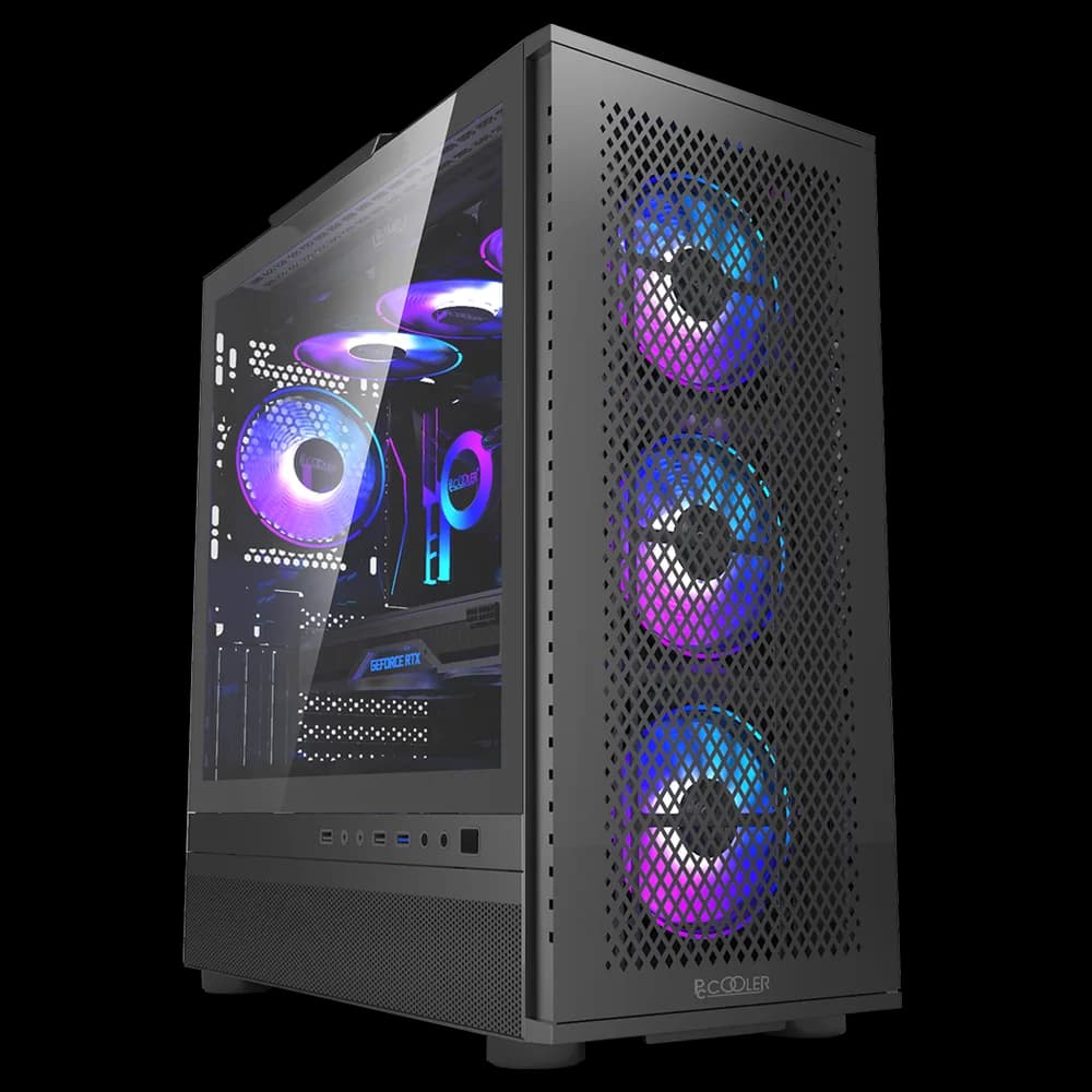 CARCASA PCCOOLER, Tower, ATX, fara sursa, sticla securizata, 3 ventilatoare incluse, iluminare ARGB, negru, USB 3.2 gen 1 x 1, USB 2.0 x 2, mic, audio, "ME200 MESH BK"