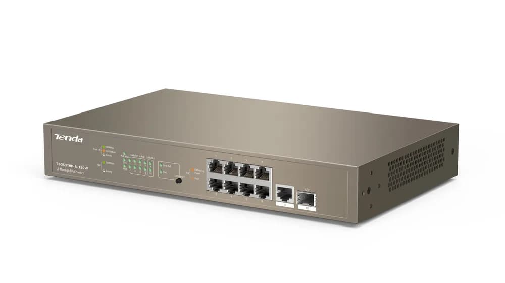 SWITCH PoE Tenda cu management L3 cu 10 porturi (8 x GE PoE, 1 x GE, 1 x SFP) IEEE 802.3at/af, carcasa metalica, rackabil "TEG5310P-8-150W" — miniatură