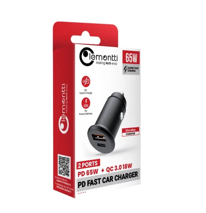 Incarcator Auto Lemontti Super Fast Charge, 65W, 2 porturi, Negru — miniatură