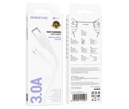 CABLU alimentare si date Borofone "BX111", Charging Data Cable pt. smartphone, USB la USB Type-C, 3A, 1m, alb "6941991115097" — miniatură