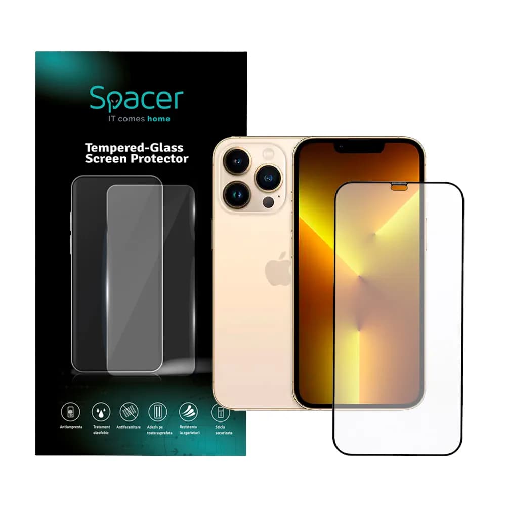 FOLIE STICLA Spacer pentru Iphone 12 Pro Max, grosime 0.3mm, acoperire totala ecran, strat special anti-ulei si anti-amprenta, Tempered Glass, sticla 9D, duritate 9H "SPPG-AP-IP12PM-TG"