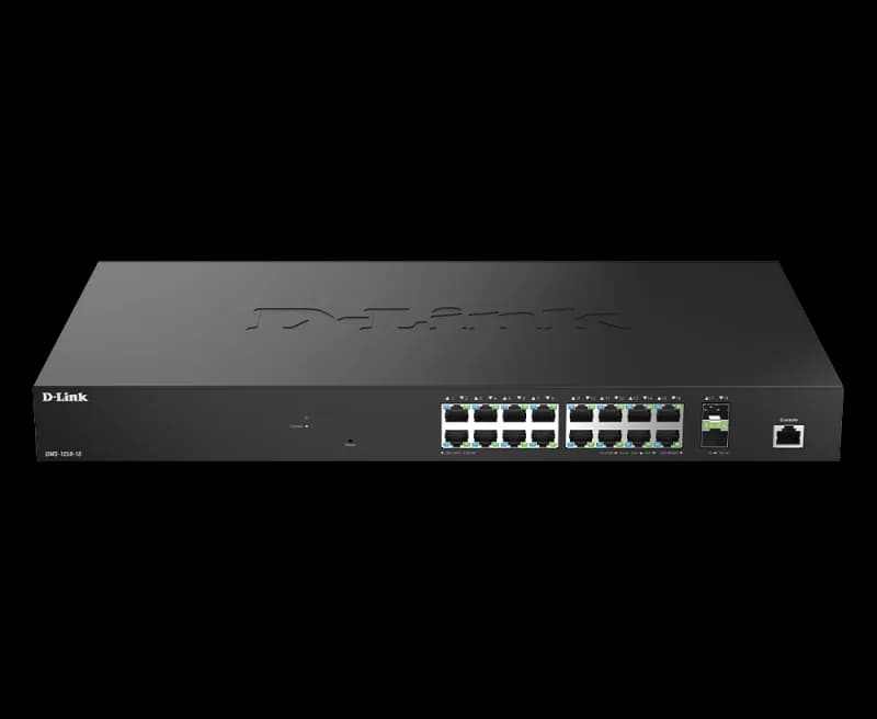 D-Link DMS-1250-18/E. Switch type: Managed, Switch layer: L2. Basic switching RJ-45 Ethernet ports type: 2.5G Ethernet (100/1000/2500), Basic switching RJ-45 Ethernet ports quantity: 16. MAC address table: 16000 entries, Switching capacity: 120 Gbit/s. Networking standards: IEEE 802.1Q, IEEE 802.1p