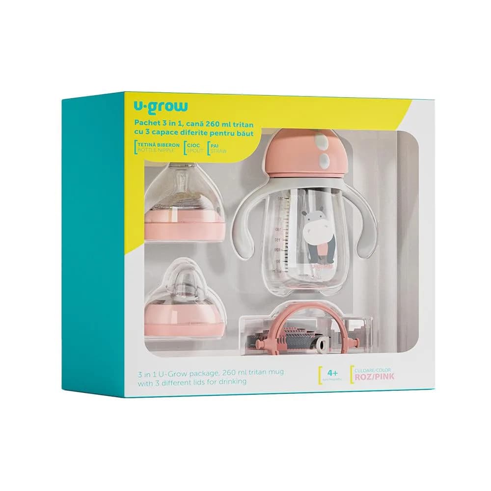 Pachet 3 in 1 cana 260 ml tritan cu 3 accesorii diferite pentru baut : tetina biberon, cioc, pai, dark pink, U-Grow