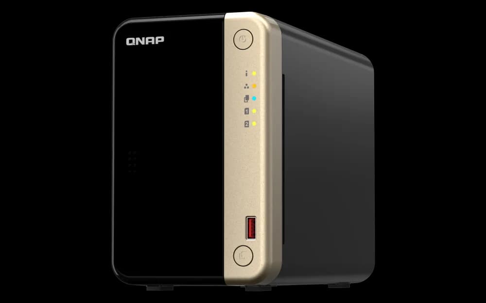 NAS QNAP 264 2-Bay, CPU Intel Celeron N5105/N5095 4-core/4-thread Processor, RAM 8 GB DDR4 (onboard, not expandable), HDD 2 x 2.5"/3.5" SATA 6Gbps + 2 x M.2 2280 PCIe Gen 3 x1 SSD slots (neincluse), LAN: 2 x 2.5GbE (optional 10GbE expansion via a PCIe card), USB3.2 Gen2: 2 x Type-A USB2.0: 2, tower