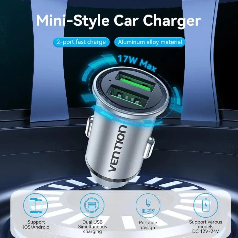 Alimentator SmartPhone Auto Vention, 18W, 2 x USB-A(M), Quick charge, gri, "FFAH0" — miniatură