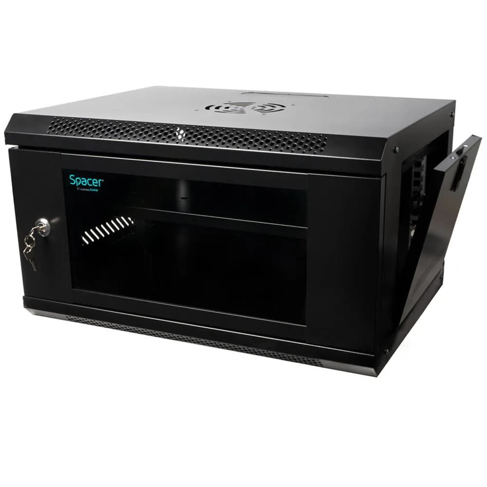 CABINET 19″ SPACER 6U 500x400mm, fixare pe perete, Flatpack (dezasamblat), Black, usa sticla cu blocare, panouri detasabile, otel 1mm, sarcina maxima 25Kg — miniatură