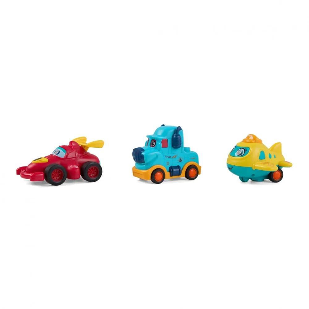 SET 3 VEHICULE ACTIONATE PRIN INERTIE- CAMION ALBASTRU, MASINA DE CURSE ROSIE, AVION GALBEN,MOMKI — miniatură