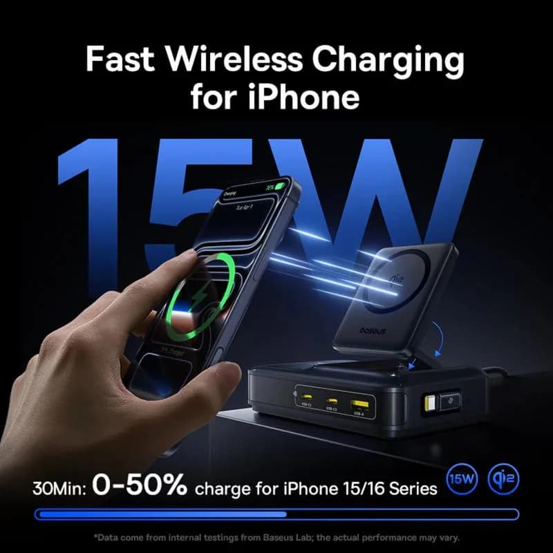 INCARCATOR retea Baseus Nomos NH21 5-in-1, 160W, Qi2 Wireless, 1 x USB, 3 x USB Type-C, cablu retractabil USB Type-C, negru "E0121700" (include TV 0.18lei) - 6953156211834 — miniatură