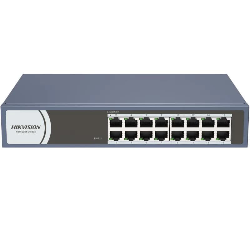 Switch Hikvision DS-3E0116R-O: 16 × 10/100 Mbps RJ45 Port, tensiune alimentare 220 VAC, 50/60 Hz, dimensiuni: 257..0 mm × 44.5 mm × 175.8 mm, greutate: 1.1kg, montare pe birou, in rack sau pe perete.