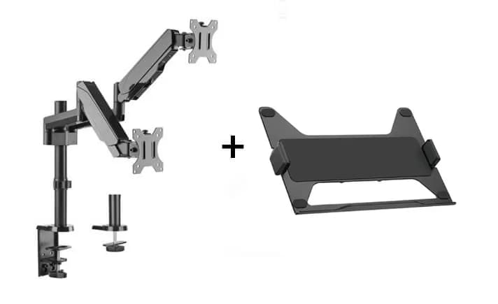Suport monitor si laptop format din Suport 2 monitoare Gas Spring Dual Arm Blackmount MNT16-2 si Adaptor Laptop BM-NBH-6