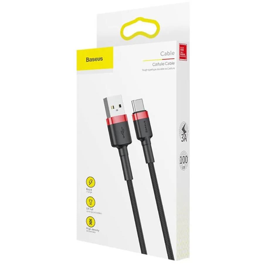 CABLU alimentare si date Baseus Cafule, Fast Charging Data Cable pt. smartphone, USB la USB Type-C 3A, 1m, rosu + negru "CATKLF-B91" - 6953156278219 — miniatură